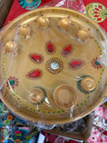 Puja Thali 5 diya & insence holder Golden with stone