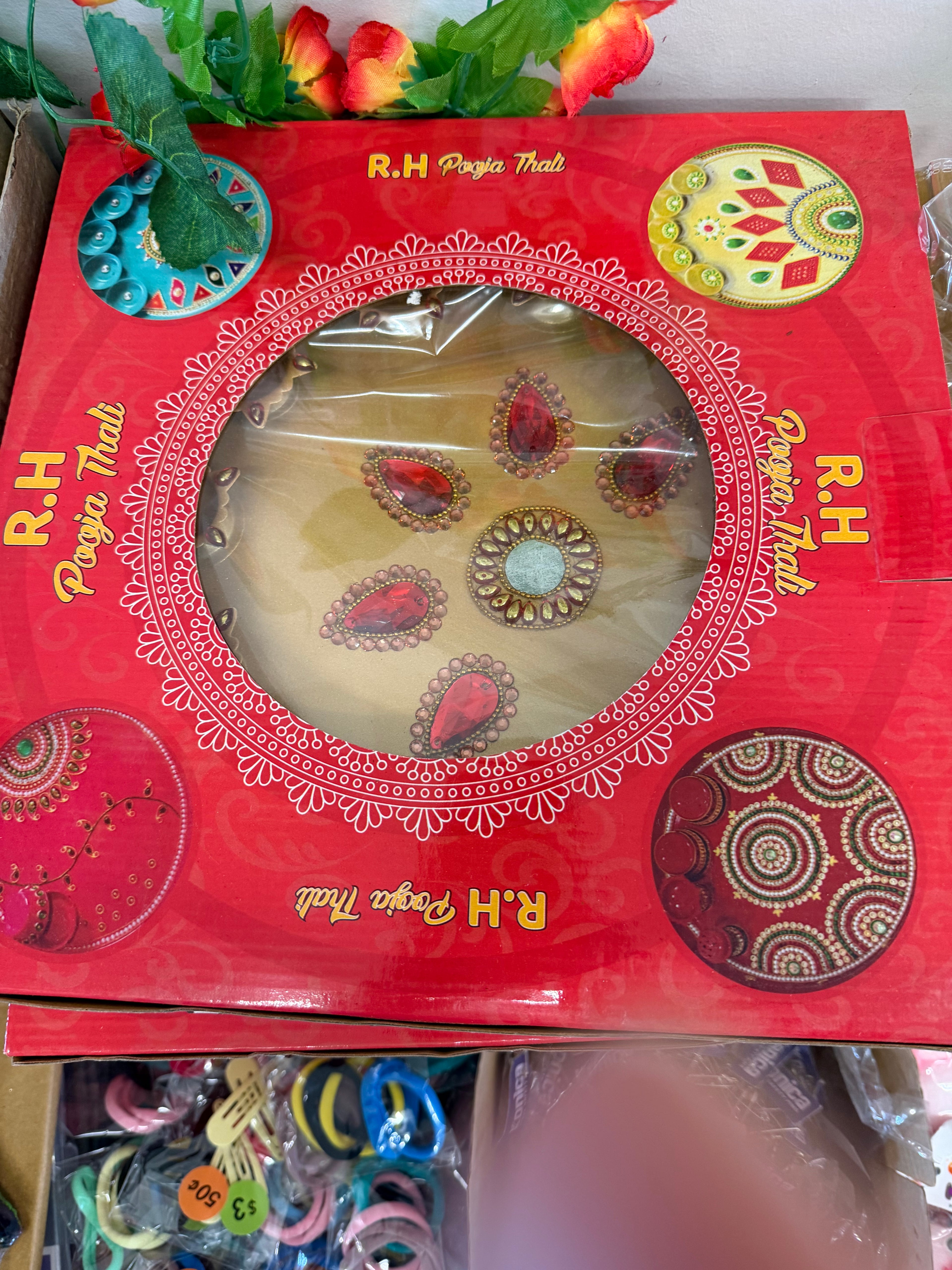 Puja Thali 5 diya & insence holder Golden with stone