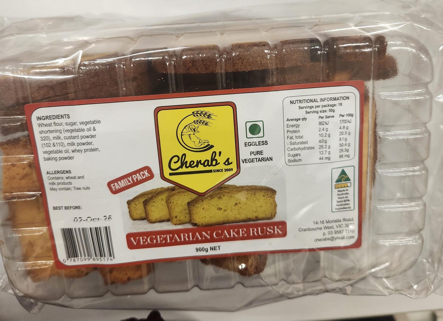 Cherab's Cake Rusk Eggless 900gm
